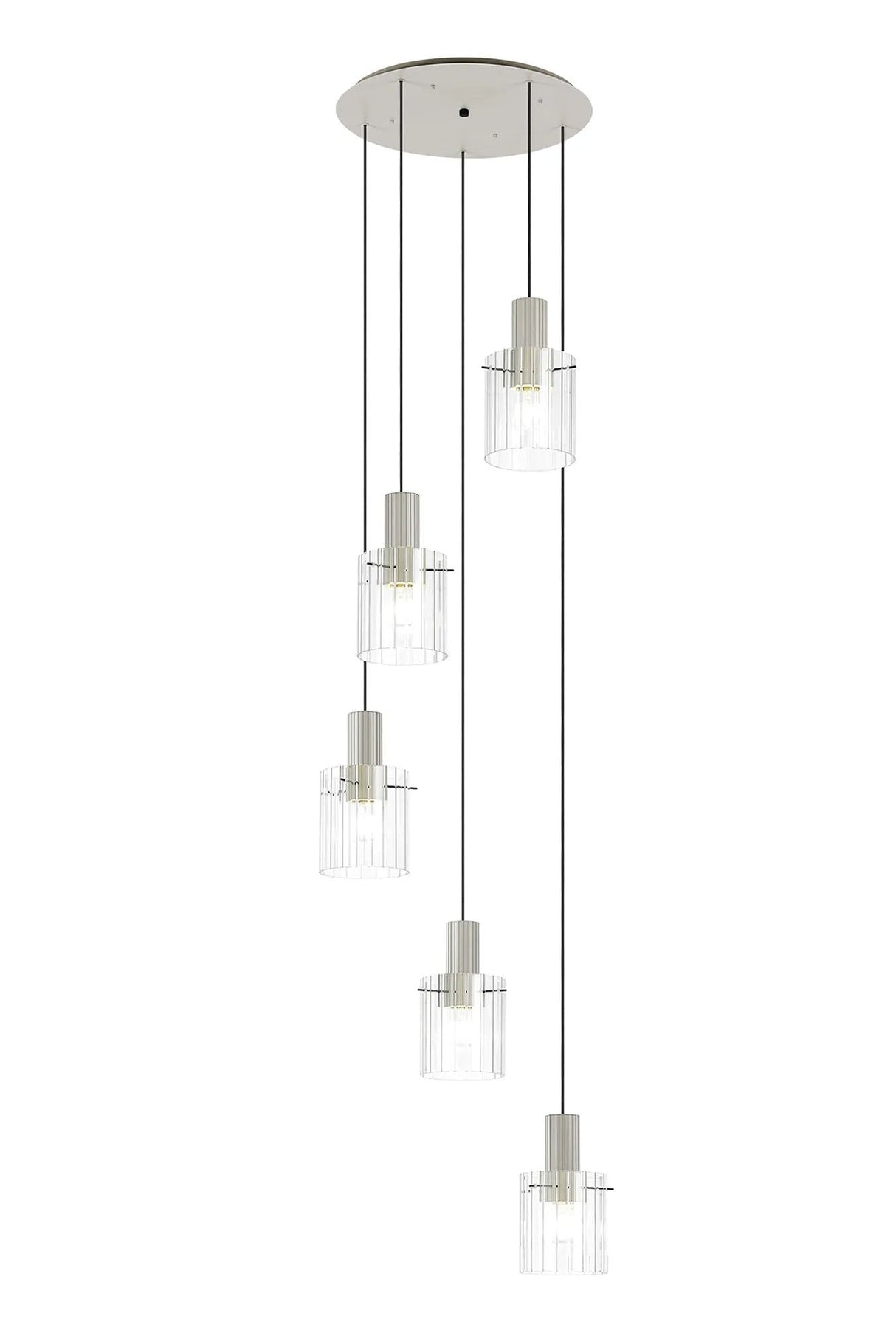Aouchiche Round Pendant, 5 Light Adjustable E27, Beige Stone/Clear Wide Line Glass