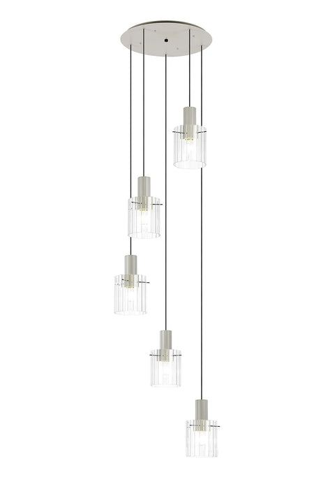 Aouchiche Round Pendant, 5 Light Adjustable E27, Beige Stone/Clear Wide Line Glass
