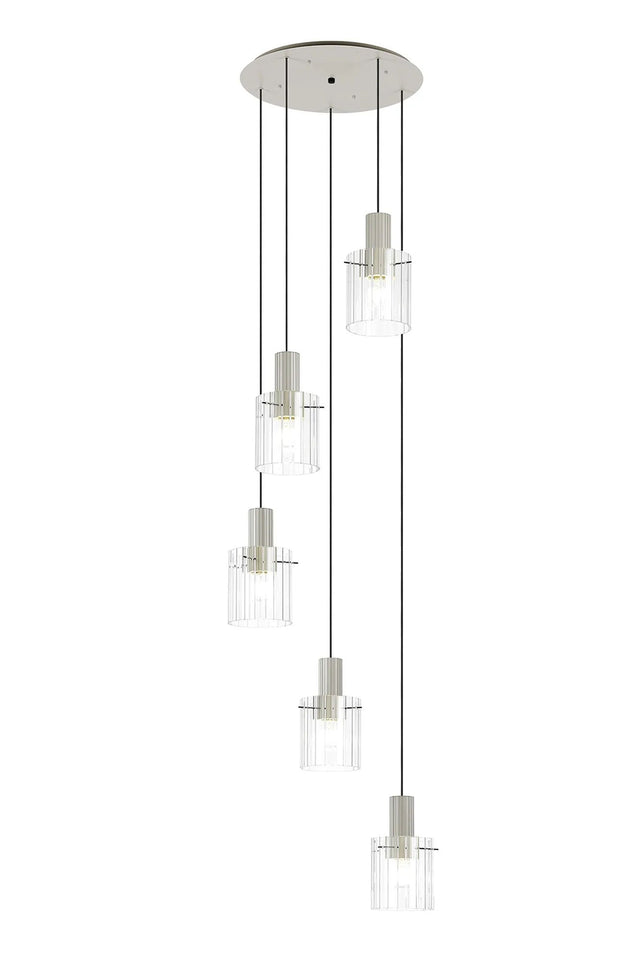 Aouchiche Round Pendant, 5 Light Adjustable E27, Beige Stone/Clear Wide Line Glass
