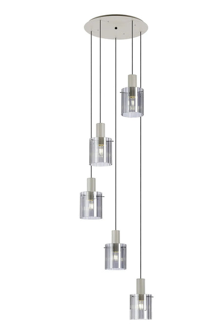 Aouchiche Round Pendant, 5 Light Adjustable E27, Beige Stone/Smoke Wide Line Glass