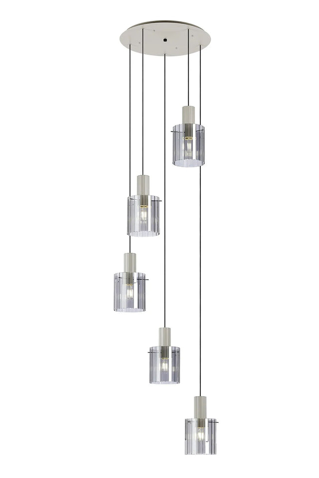 Aouchiche Round Pendant, 5 Light Adjustable E27, Beige Stone/Smoke Wide Line Glass