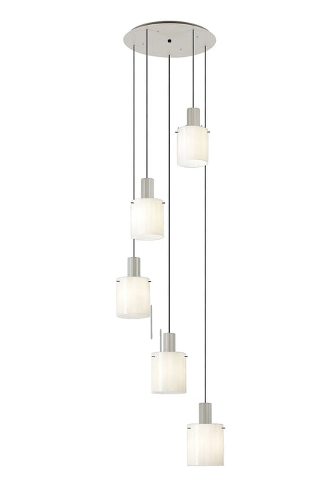 Aouchiche Round Pendant, 5 Light Adjustable E27, Beige Stone/Gloss White Wide Line Glass
