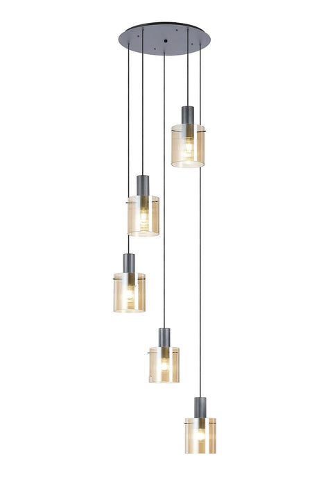 Aouchiche Round Pendant, 5 Light Adjustable E27, Dark Grey/Amber Narrow Line Glass