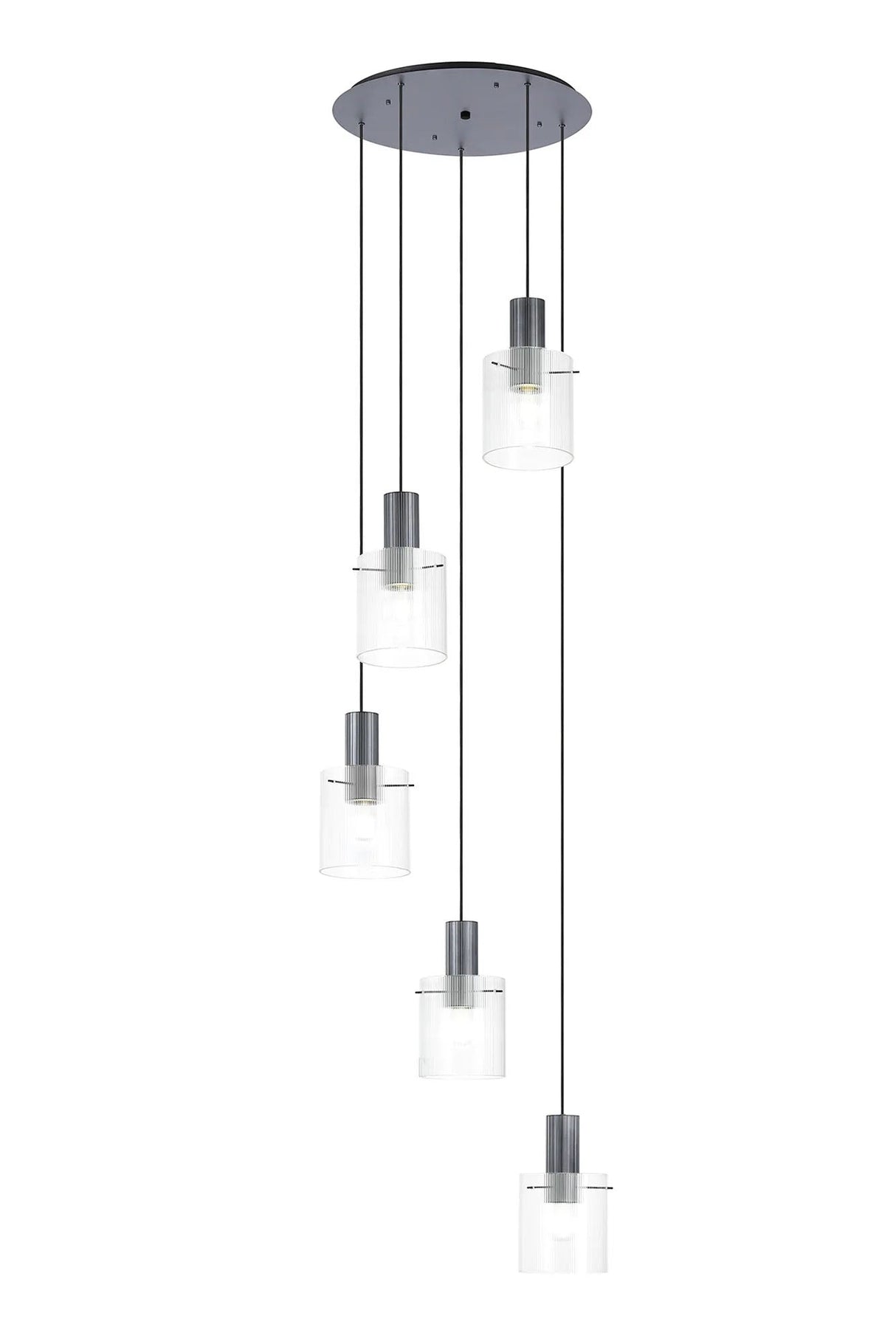 Aouchiche Round Pendant, 5 Light Adjustable E27, Dark Grey/Clear Narrow Line Glass