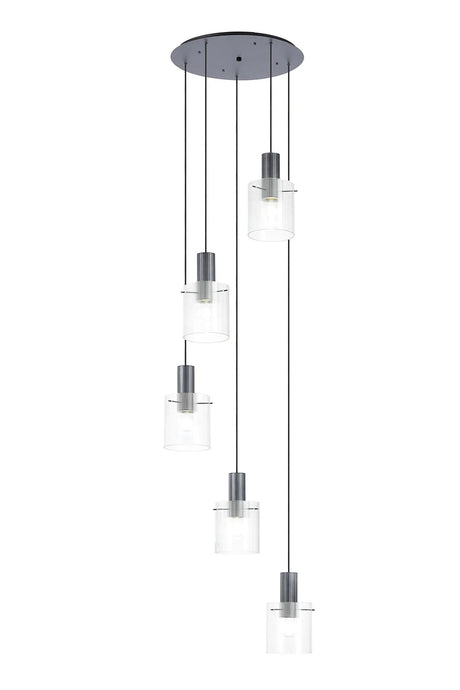 Aouchiche Round Pendant, 5 Light Adjustable E27, Dark Grey/Clear Narrow Line Glass