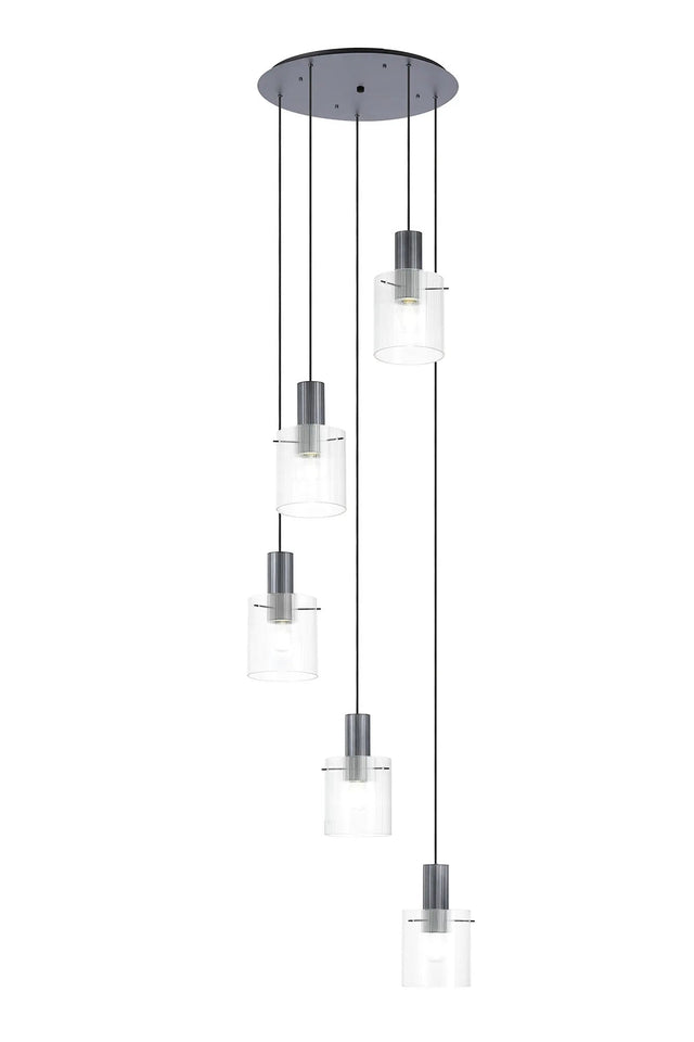 Aouchiche Round Pendant, 5 Light Adjustable E27, Dark Grey/Clear Narrow Line Glass