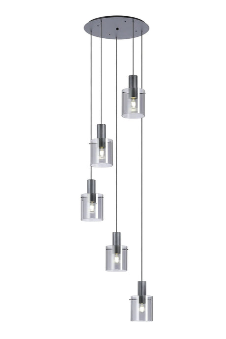 Aouchiche Round Pendant, 5 Light Adjustable E27, Dark Grey/Smoke Narrow Line Glass