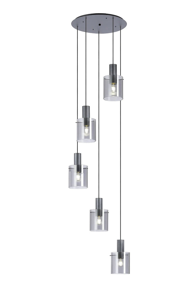 Aouchiche Round Pendant, 5 Light Adjustable E27, Dark Grey/Smoke Narrow Line Glass