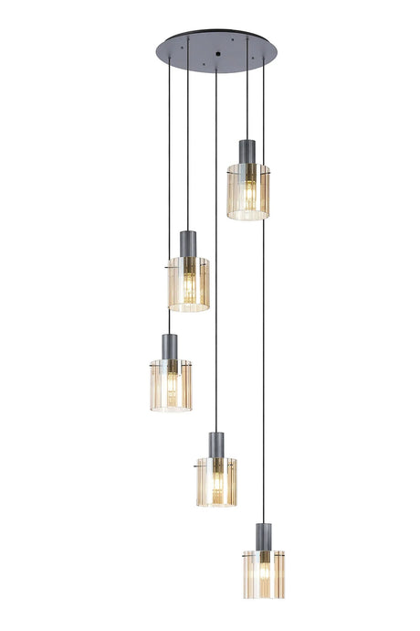 Aouchiche Round Pendant, 5 Light Adjustable E27, Dark Grey/Amber Wide Line Glass