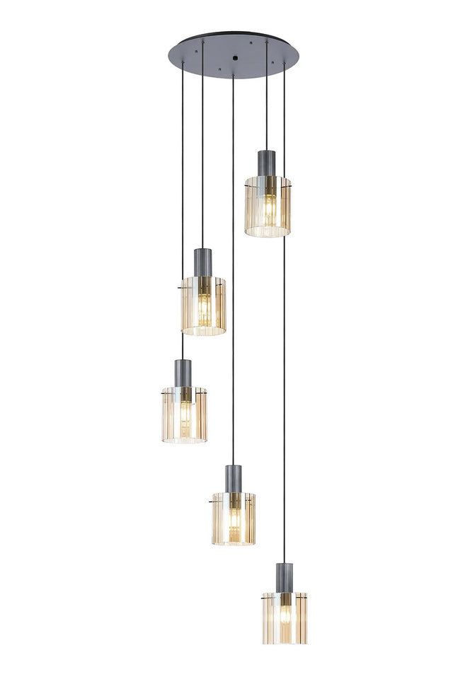 Aouchiche Round Pendant, 5 Light Adjustable E27, Dark Grey/Amber Wide Line Glass