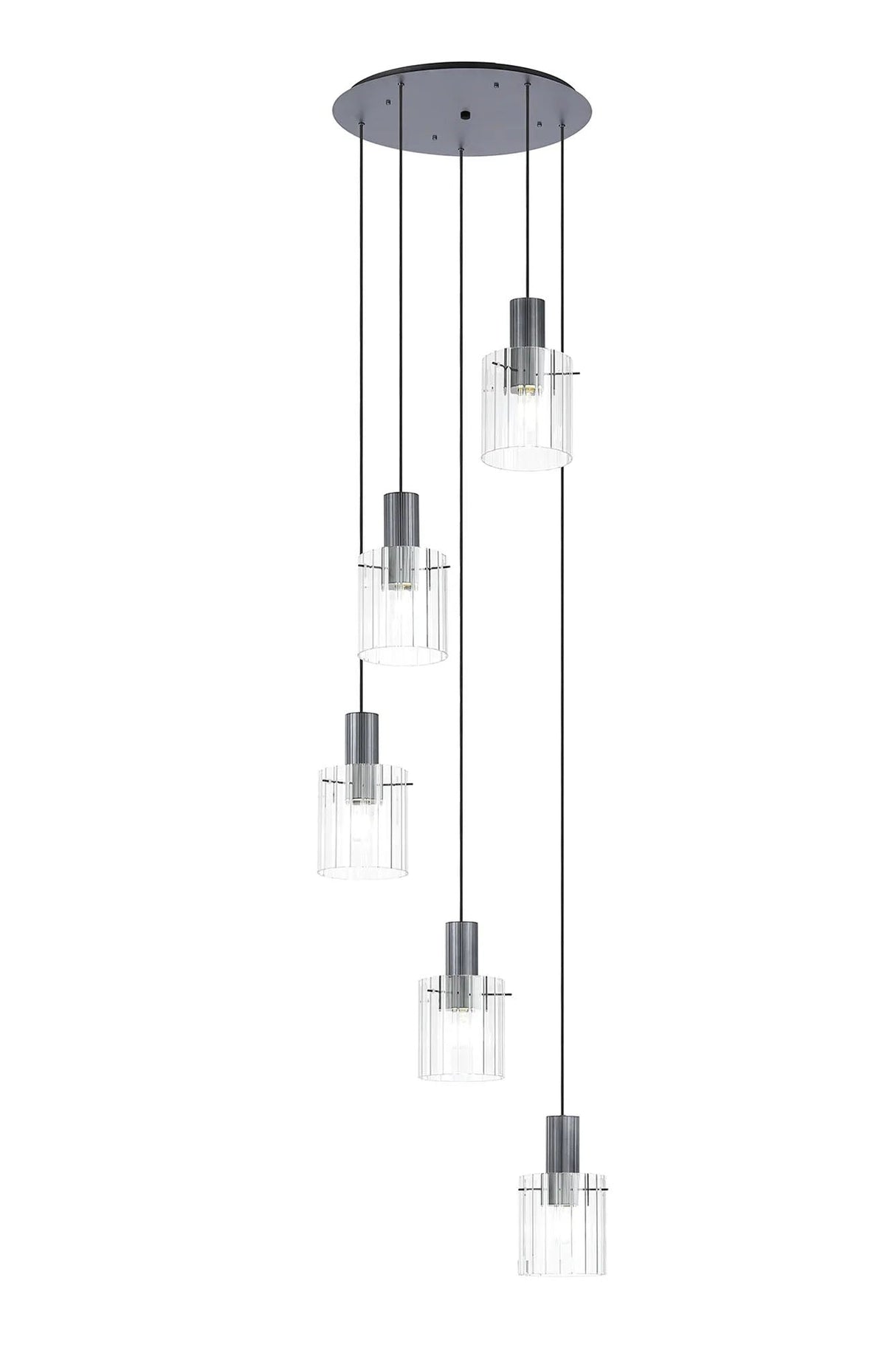 Aouchiche Round Pendant, 5 Light Adjustable E27, Dark Grey/Clear Wide Line Glass