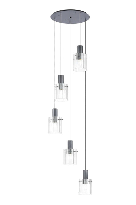 Aouchiche Round Pendant, 5 Light Adjustable E27, Dark Grey/Clear Wide Line Glass