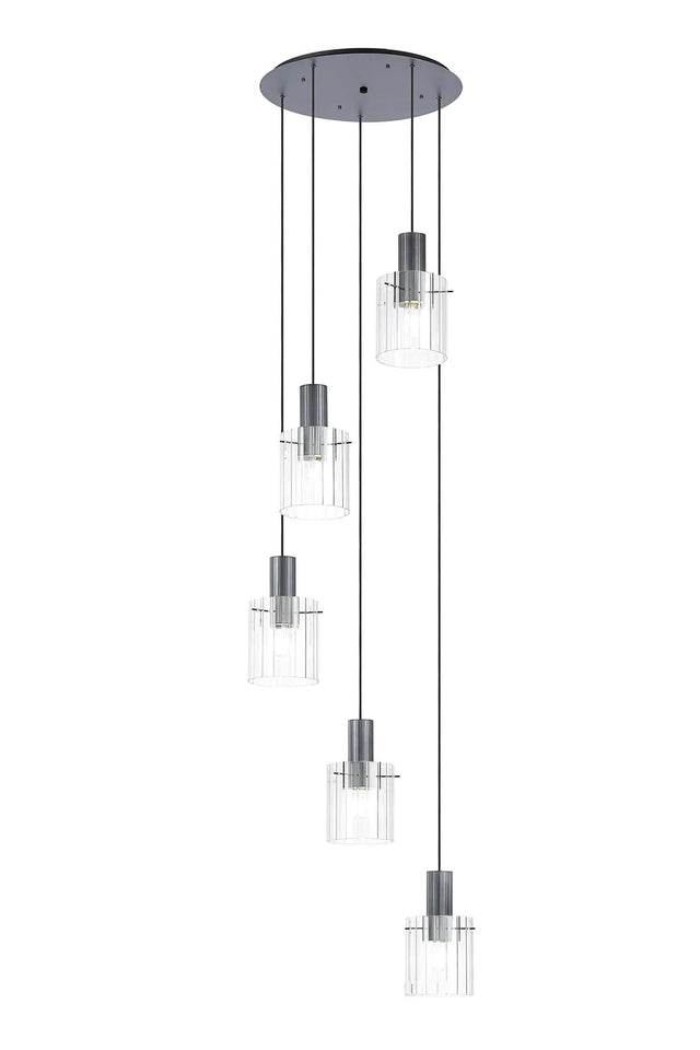 Aouchiche Round Pendant, 5 Light Adjustable E27, Dark Grey/Clear Wide Line Glass
