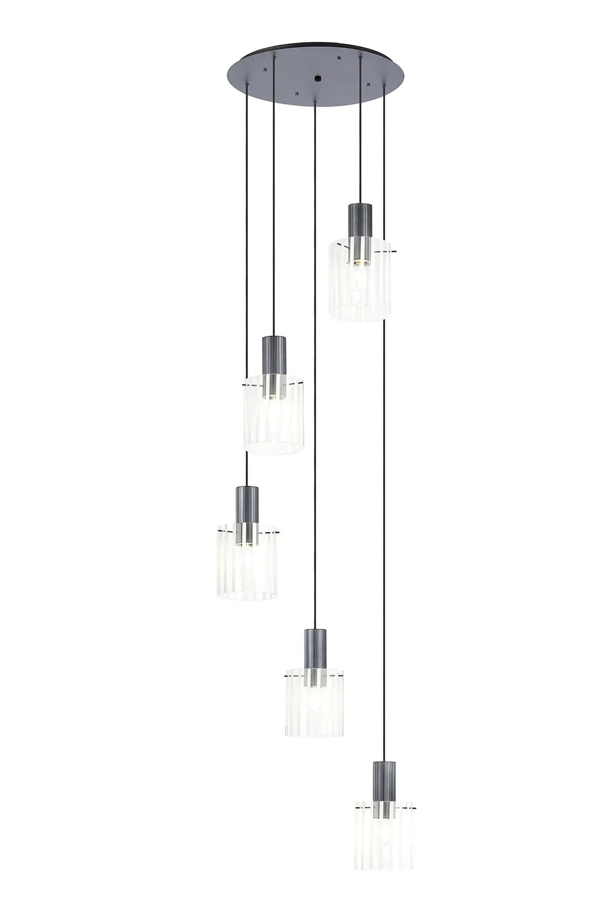Aouchiche Round Pendant, 5 Light Adjustable E27, Dark Grey/Frosted/Clear Wide Line Glass