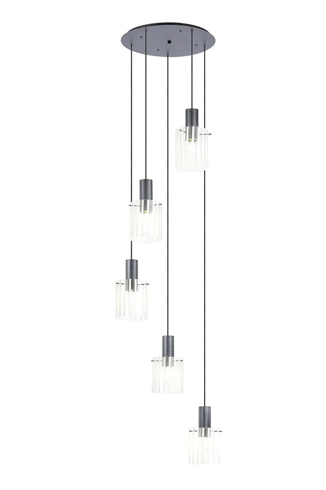 Aouchiche Round Pendant, 5 Light Adjustable E27, Dark Grey/Frosted/Clear Wide Line Glass