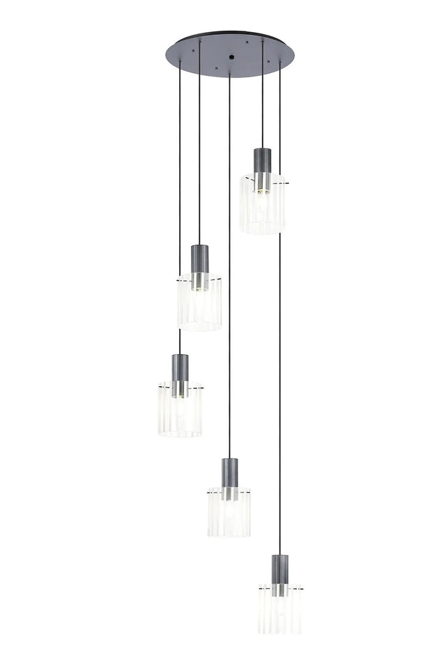 Aouchiche Round Pendant, 5 Light Adjustable E27, Dark Grey/Frosted/Clear Wide Line Glass