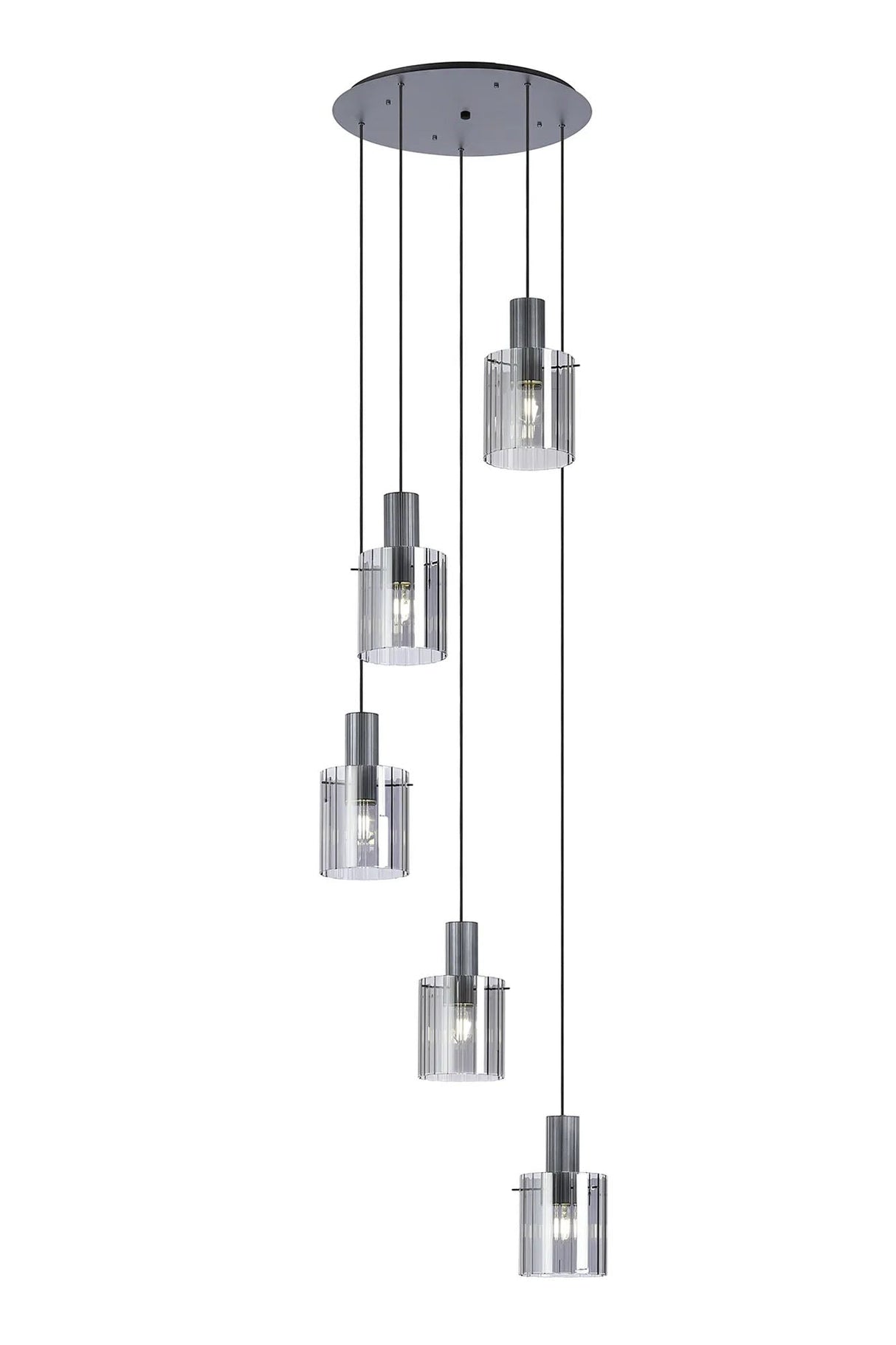 Aouchiche Round Pendant, 5 Light Adjustable E27, Dark Grey/Smoke Wide Line Glass