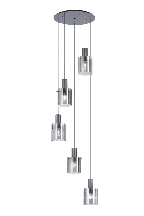 Aouchiche Round Pendant, 5 Light Adjustable E27, Dark Grey/Smoke Wide Line Glass