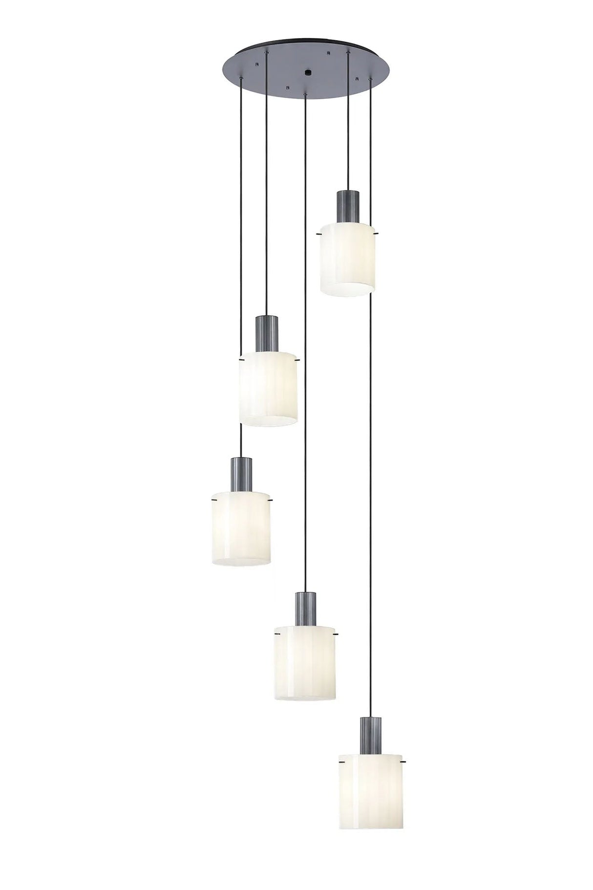 Aouchiche Round Pendant, 5 Light Adjustable E27, Dark Grey/Gloss White Wide Line Glass