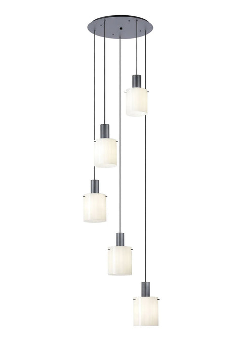 Aouchiche Round Pendant, 5 Light Adjustable E27, Dark Grey/Gloss White Wide Line Glass