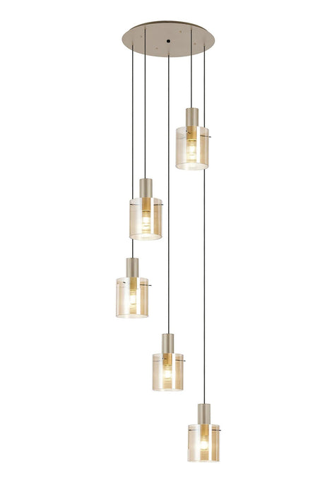 Aouchiche Round Pendant, 5 Light Adjustable E27, Light Gold/Amber Narrow Line Glass