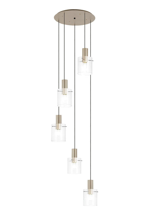Aouchiche Round Pendant, 5 Light Adjustable E27, Light Gold/Clear Narrow Line Glass