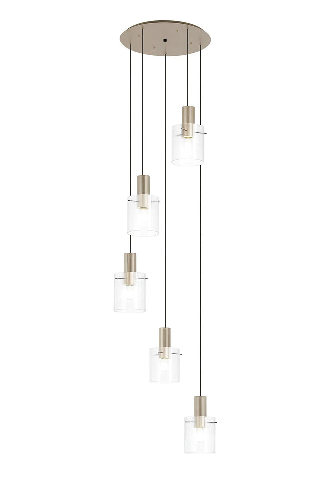 Aouchiche Round Pendant, 5 Light Adjustable E27, Light Gold/Clear Narrow Line Glass