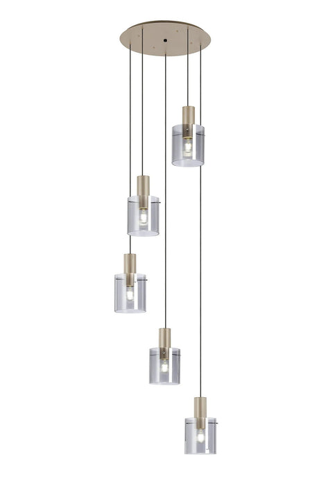Aouchiche Round Pendant, 5 Light Adjustable E27, Light Gold/Smoke Narrow Line Glass