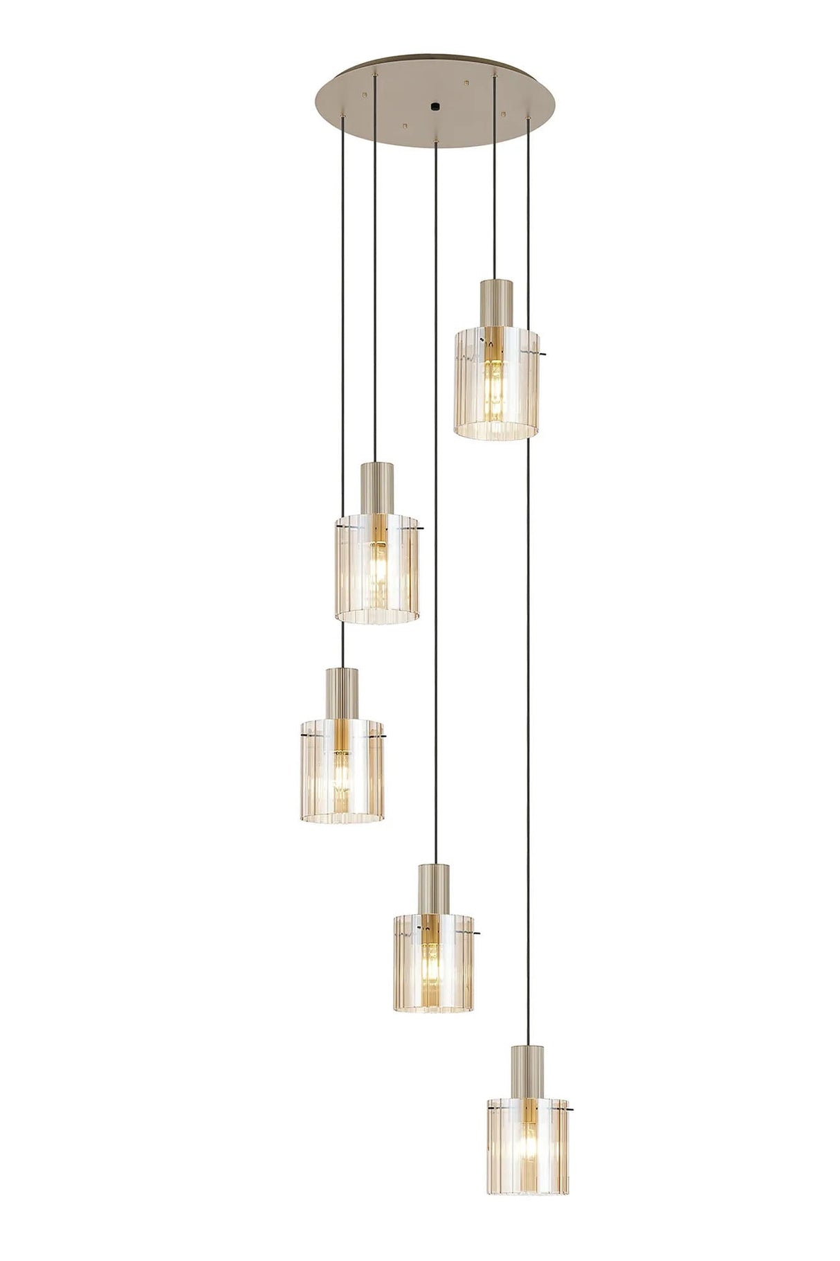Aouchiche Round Pendant, 5 Light Adjustable E27, Light Gold/Amber Wide Line Glass