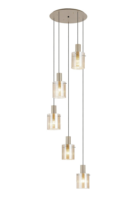 Aouchiche Round Pendant, 5 Light Adjustable E27, Light Gold/Amber Wide Line Glass