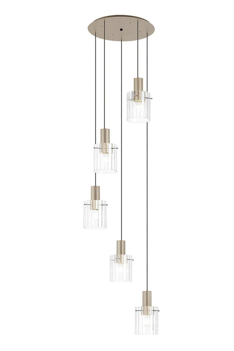 Aouchiche Round Pendant, 5 Light Adjustable E27, Light Gold/Clear Wide Line Glass