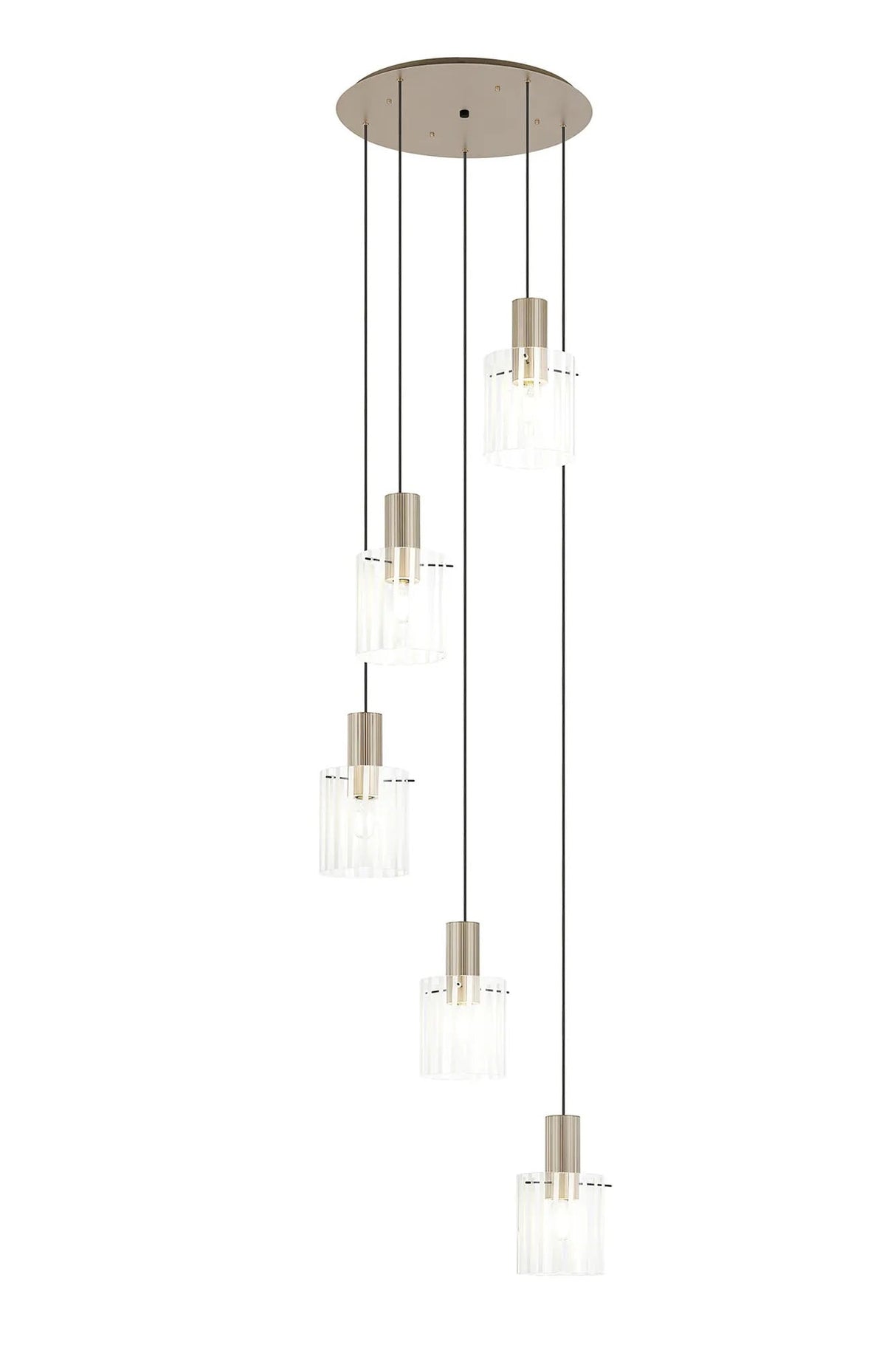 Aouchiche Round Pendant, 5 Light Adjustable E27, Light Gold/Frosted/Clear Wide Line Glass