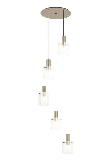 Aouchiche Round Pendant, 5 Light Adjustable E27, Light Gold/Frosted/Clear Wide Line Glass