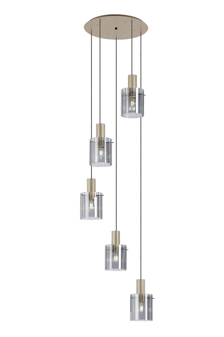 Aouchiche Round Pendant, 5 Light Adjustable E27, Light Gold/Smoke Wide Line Glass