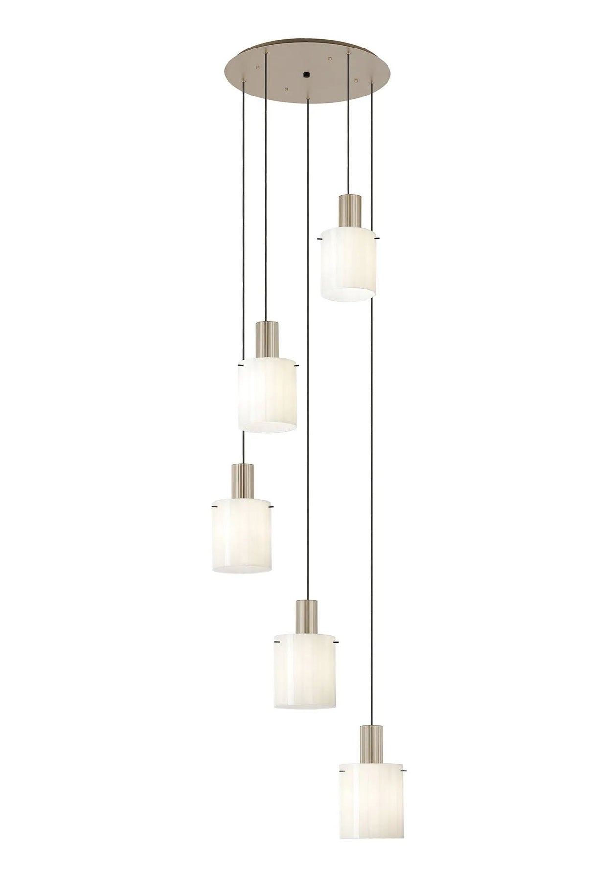 Aouchiche Round Pendant, 5 Light Adjustable E27, Light Gold/Gloss White Wide Line Glass