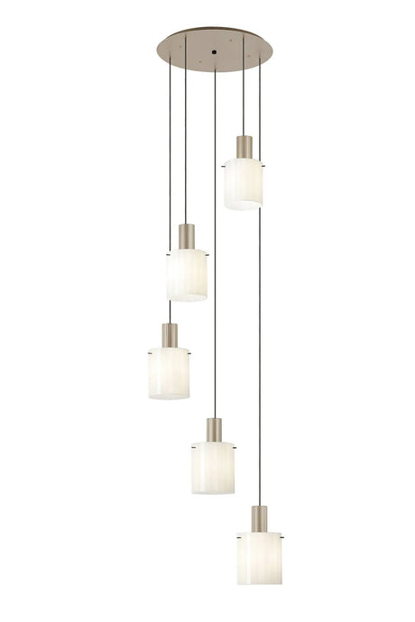 Aouchiche Round Pendant, 5 Light Adjustable E27, Light Gold/Gloss White Wide Line Glass
