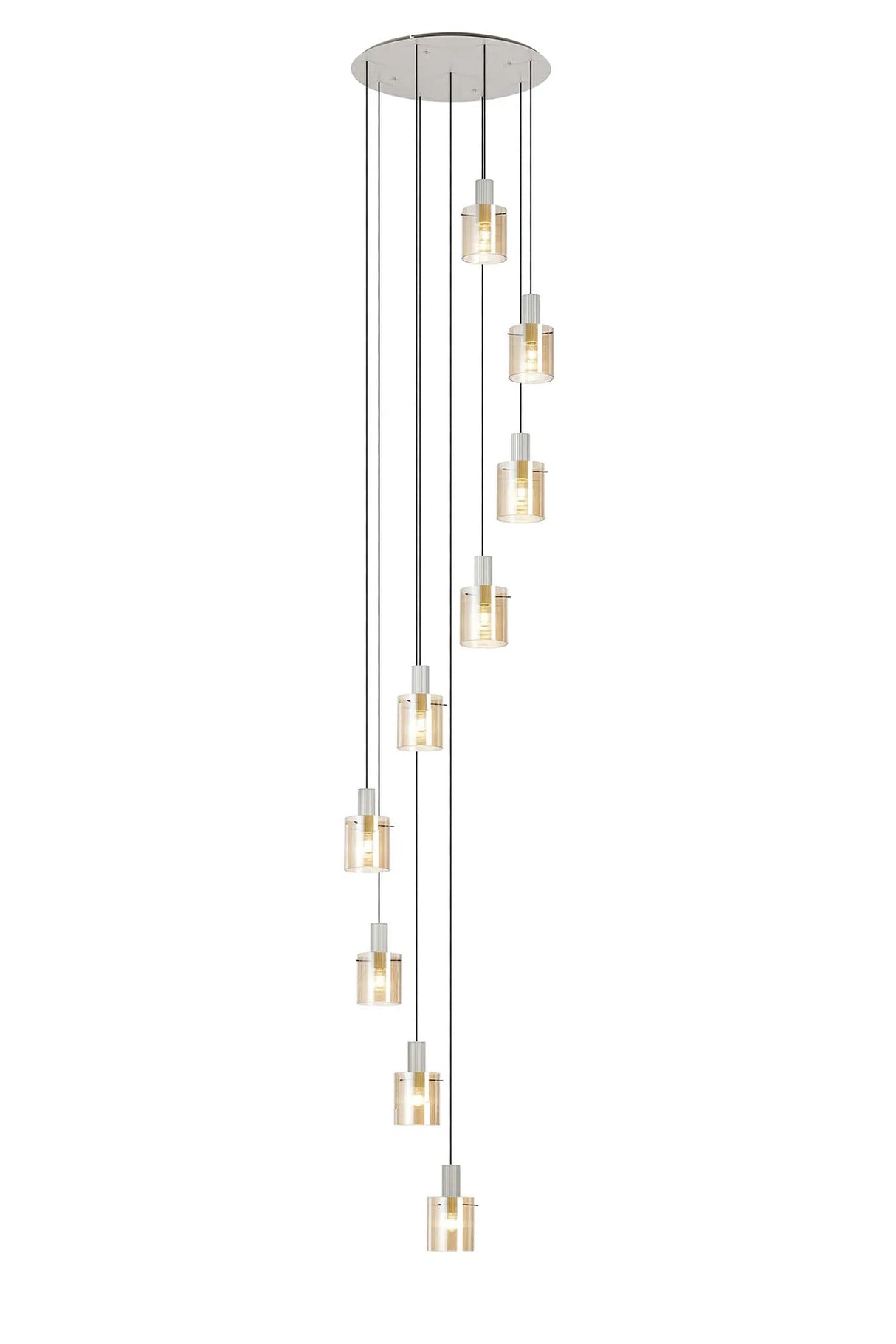 Aouchiche Round Pendant, 9 Light Adjustable E27, Beige Stone/Amber Narrow Line Glass