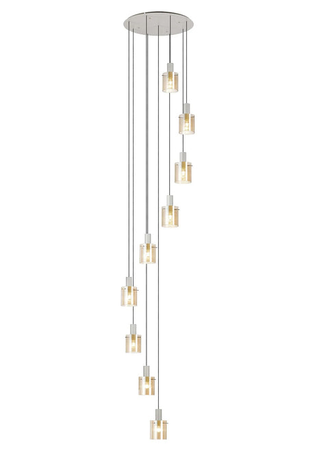 Aouchiche Round Pendant, 9 Light Adjustable E27, Beige Stone/Amber Narrow Line Glass