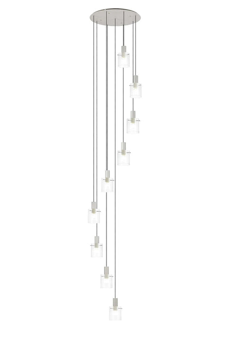 Aouchiche Round Pendant, 9 Light Adjustable E27, Beige Stone/Clear Narrow Line Glass