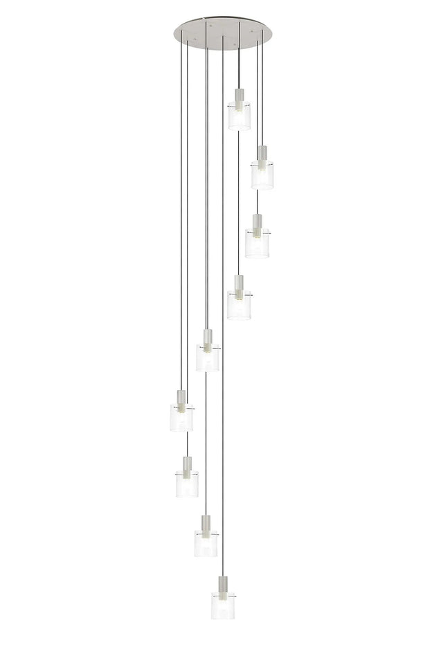 Aouchiche Round Pendant, 9 Light Adjustable E27, Beige Stone/Clear Narrow Line Glass