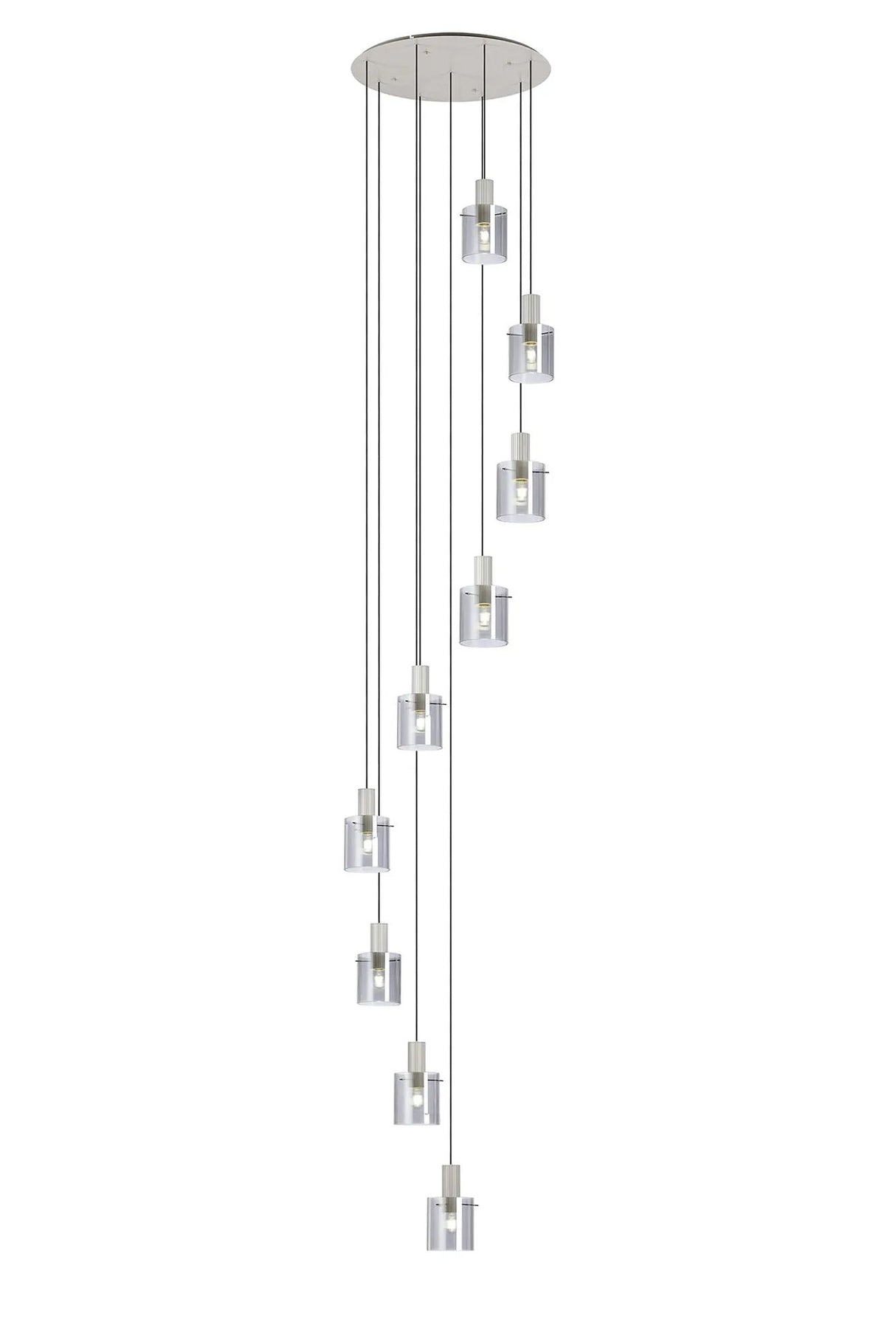 Aouchiche Round Pendant, 9 Light Adjustable E27, Beige Stone/Smoke Narrow Line Glass