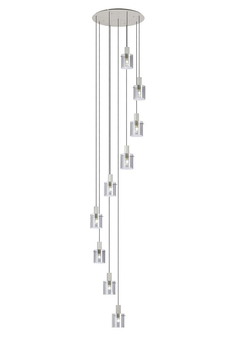 Aouchiche Round Pendant, 9 Light Adjustable E27, Beige Stone/Smoke Narrow Line Glass
