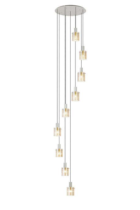 Aouchiche Round Pendant, 9 Light Adjustable E27, Beige Stone/Amber Wide Line Glass