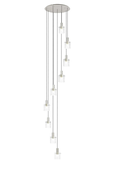 Aouchiche Round Pendant, 9 Light Adjustable E27, Beige Stone/Clear Wide Line Glass