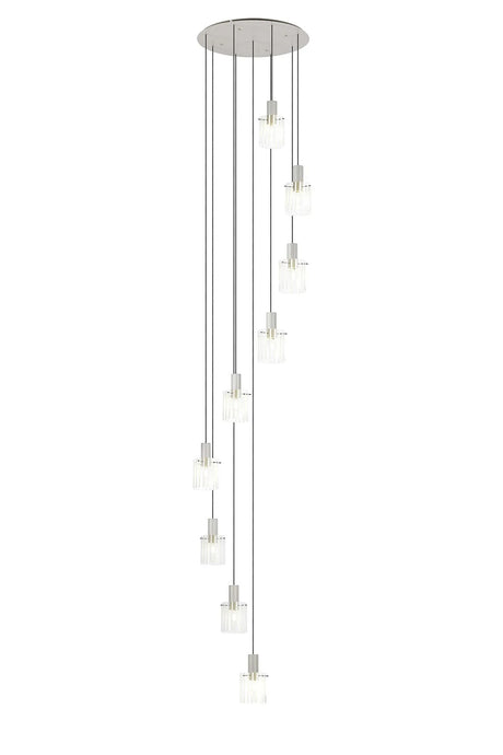 Aouchiche Round Pendant, 9 Light Adjustable E27, Beige Stone/Frosted/Clear Wide Line Glass
