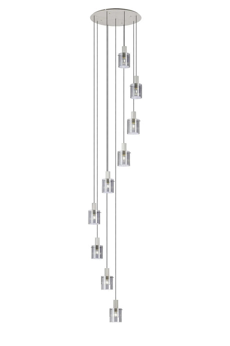 Aouchiche Round Pendant, 9 Light Adjustable E27, Beige Stone/Smoke Wide Line Glass