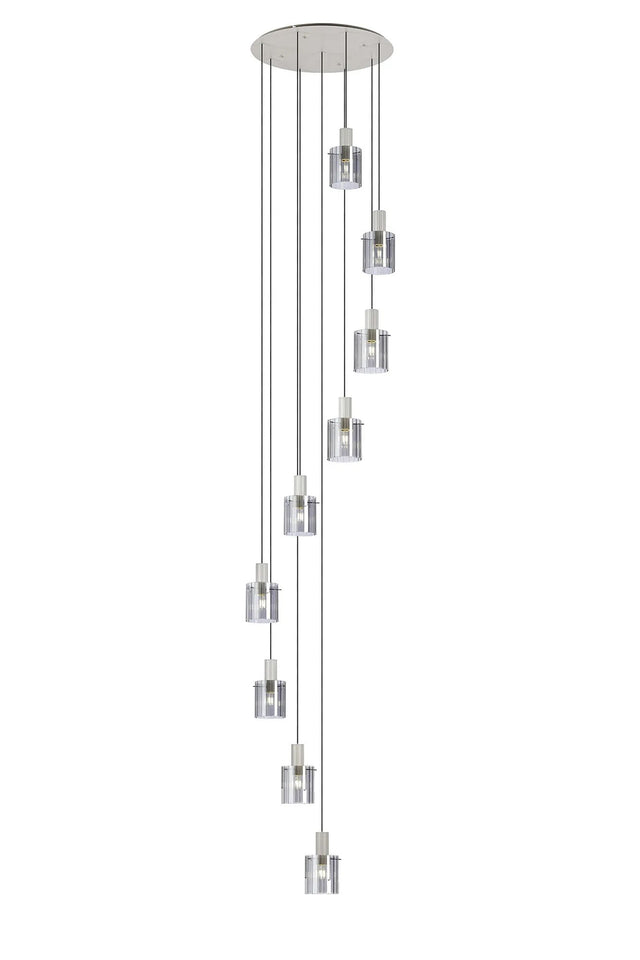 Aouchiche Round Pendant, 9 Light Adjustable E27, Beige Stone/Smoke Wide Line Glass