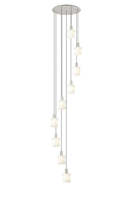 Aouchiche Round Pendant, 9 Light Adjustable E27, Beige Stone/Gloss White Wide Line Glass