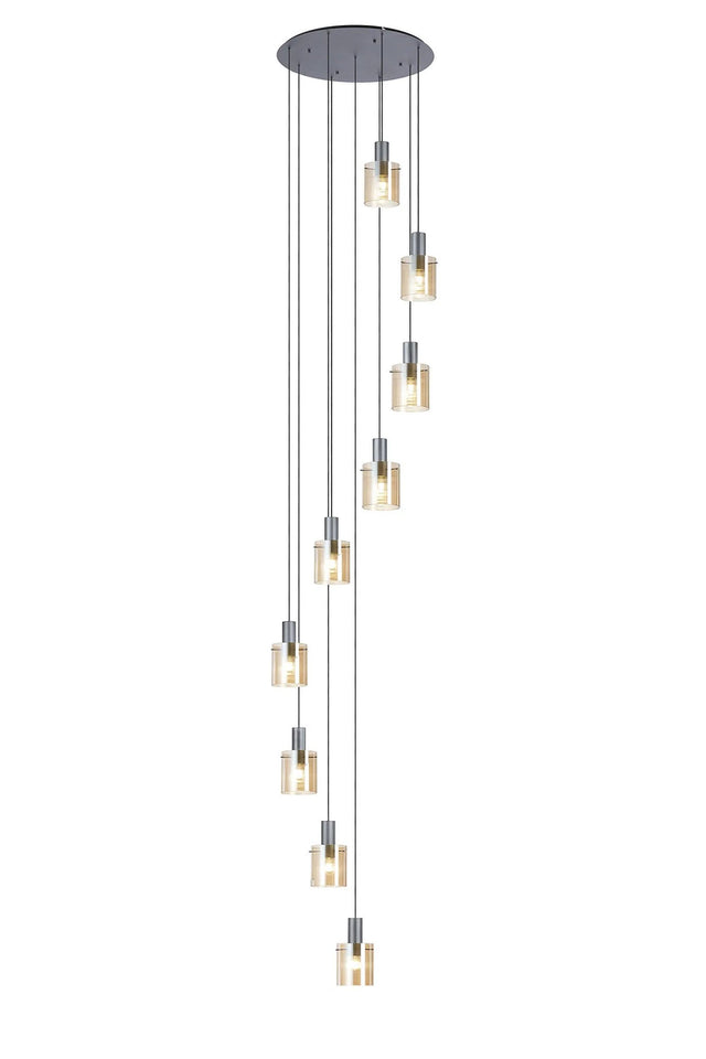 Aouchiche Round Pendant, 9 Light Adjustable E27, Dark Grey/Amber Narrow Line Glass