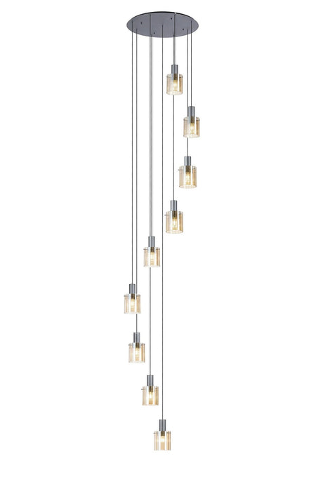 Aouchiche Round Pendant, 9 Light Adjustable E27, Dark Grey/Amber Wide Line Glass